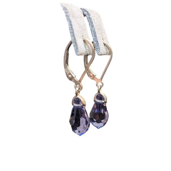 925 Sterling Leverback Blue/Purple Faceted Crystal Briolette Cut Dangle Earrings - Picture 2 of 6